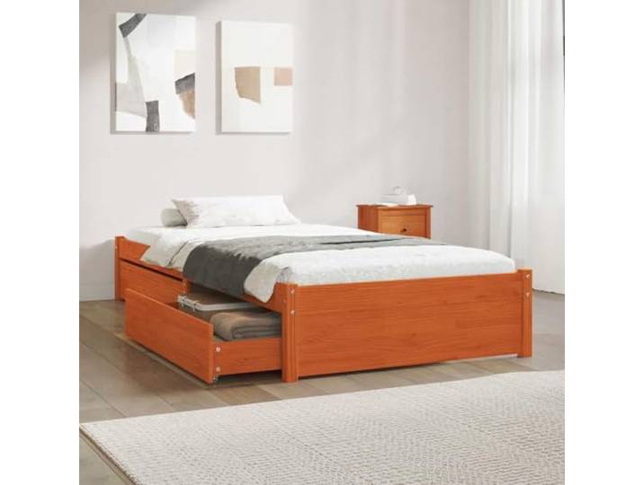RJPLMFV Bettgestell mit Schublade, 3 Stück, Wachs, Braun, Kiefernholz 2 integrierte Schubladen, praktische Aufbewahrung, modernes Design, inklusive Latten, einfache Reinigung