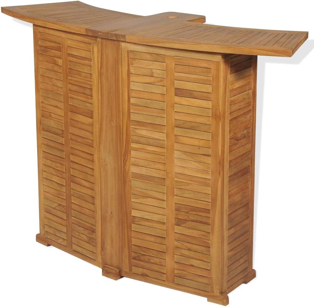 Klappbarer Bartisch aus massivem Teakholz, 155 x 53 x 105 cm, mit Sonnenschirmöffnung, Flaschenhaltern und abnehmbaren Ablagen für den Außenbereich