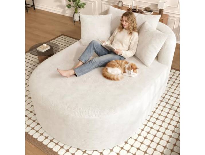 Merax Ovaler Relaxsessel 170x112,5x83 cm aus Cordstoff, montagefrei & komprimiert – 122 cm Tiefe Sitzfläche, minimalistisch & haustierfreundlich, Hellbeige