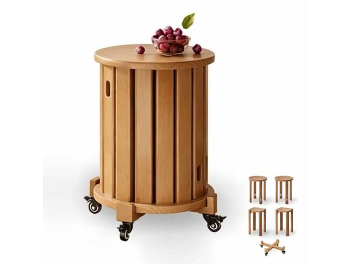 Kleiner Tisch mit Rollen, Rundes Design, 4 Stühle oder Beistelltische Moderner runder Beistelltisch mit Rollen für Sofa und Bett, zerlegbar in vier Stühle oder vier Beistelltische