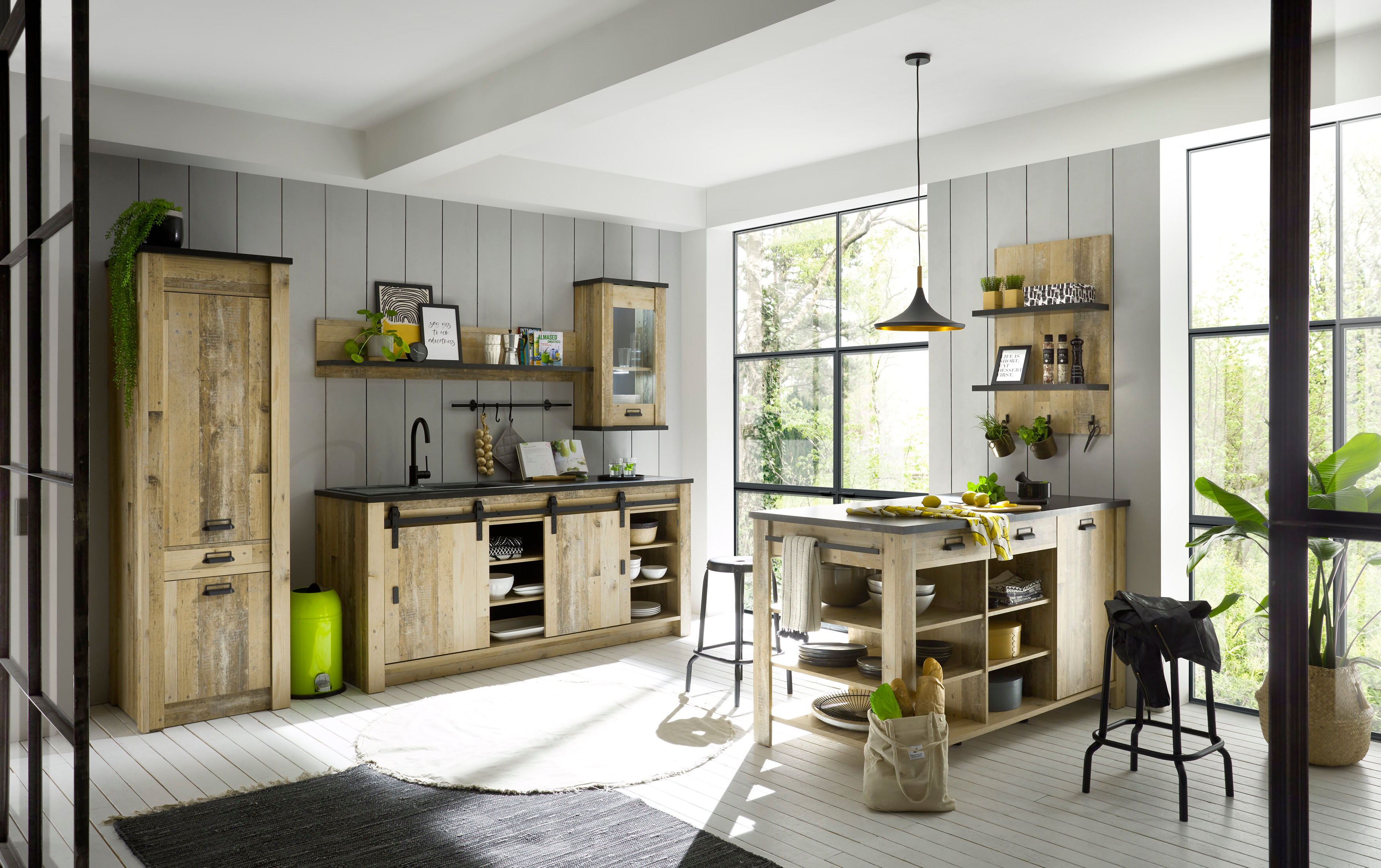 Küche HOME AFFAIRE "Sherwood", braun (küche: natur, korpus: old style hell, arbeitsplatte: anthrazit), B:280cm T:64cm, Komplettküchen-Sets, Küche, Breite 280 cm, ohne E-Geräte küche: natur, korpus: old style hell, arbeitsplatte: anthrazit B/H/T: 280cm x 6