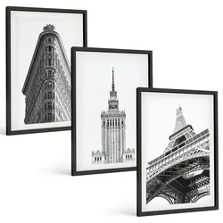 BILDER SET 3er Set - 40x60 cm Schwarzer Rahmen - Architektonische Schwarz-Weiß-Gebäude