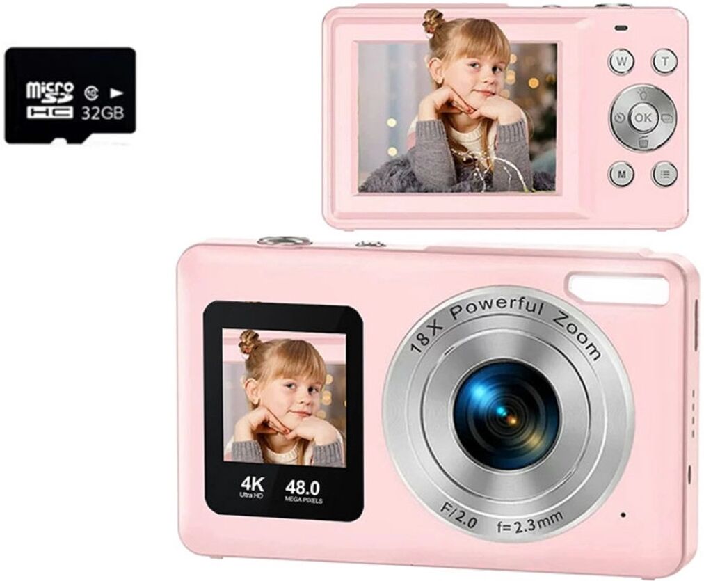 INF Dual-Screen Digitalkamera mit 2.4 inch + 1.3 inch IPS, echtem 4K/30fps, 18x Digitalzoom, bis zu 48MP, Type-C Laden Rosa