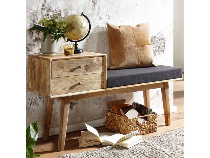 WOHNLING Banc 120x40x65 cm Tissu Bois Massif Noir Rangement