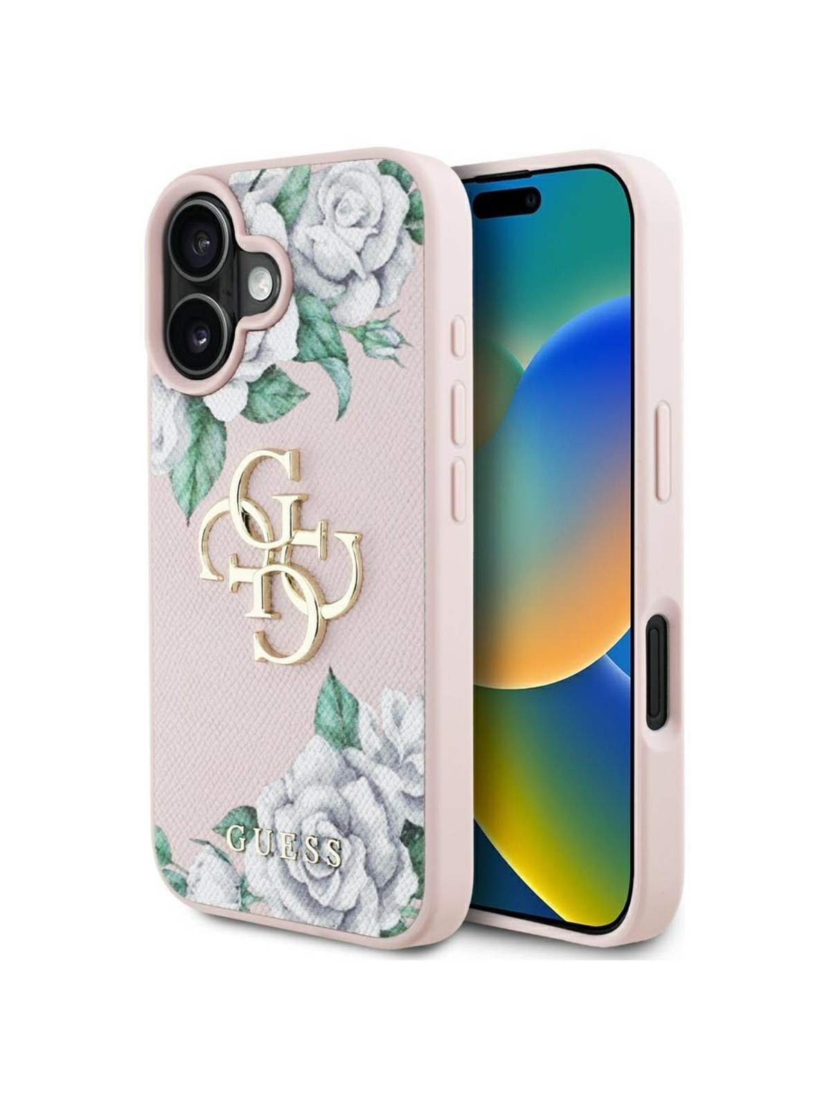 GUESS Grained Roses Big 4G logo iPhone 16 case - pink