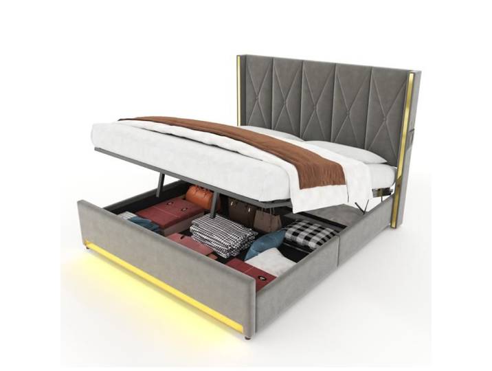 Muvoe Lit coffre en velours avec LED USB-C 180x200 -LumiNuit- Lit double rembourré Rangement hydraulique sans matelas Gris