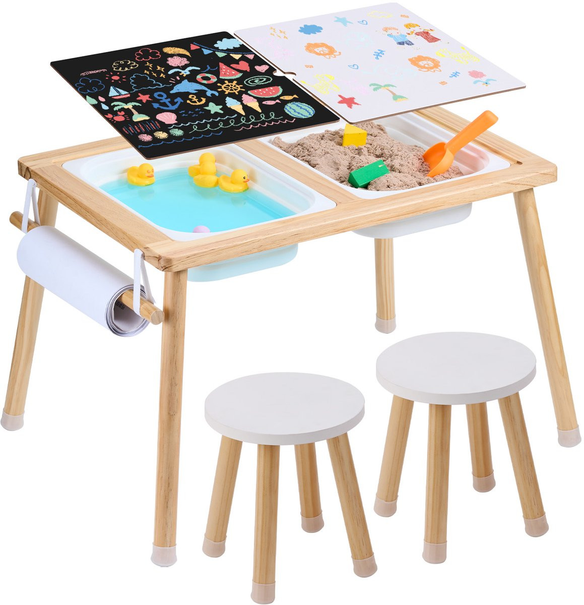 Sensory Tafel en Stoel Set voor Kinderen met 2 Krukjes en Containers van Hout