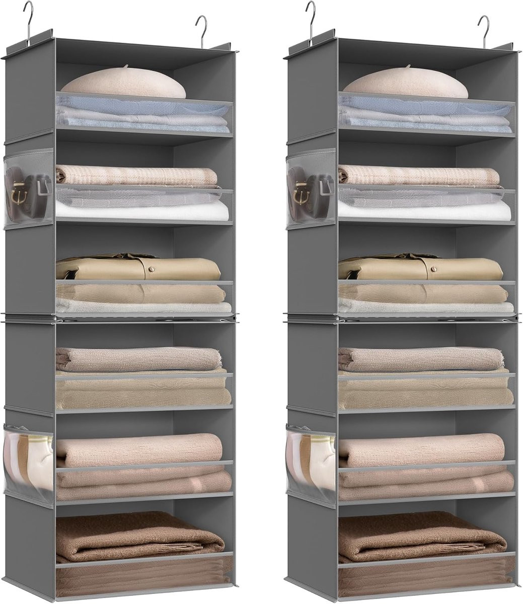 FurnStar Hangorganizer 2-delige set - Verdeelbaar hangrek met bamboe inzetstukken en metalen haken - Duifgrijs