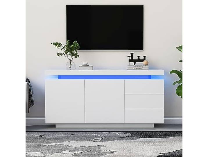 Merax Sideboard Wohnzimmer Beistellschrank Standschrank Kommode mit LED-Beleuchtung und Hochglanz-Finish - Weiß, 2 Türen, 3 Schubladen, 140x35x72.5cm
