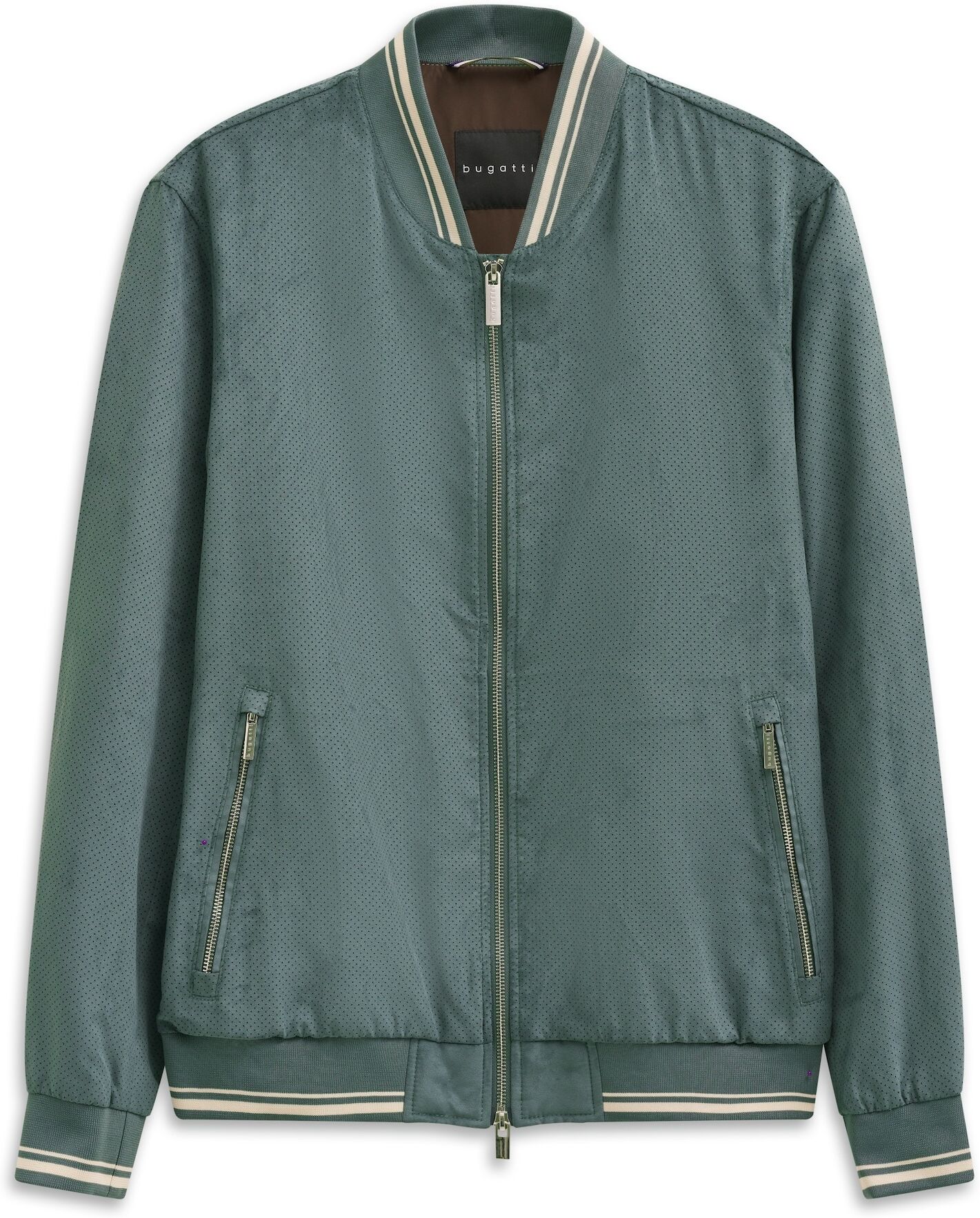 Collegejacke BUGATTI "Regular Fit", Herren, Gr. 58, grün (150, moos), 100% Polyester, unifarben, regular fit, Bündchen, Jacken Collegejacke, wasserabweisend trotz leicht perforiertem Oberstoff 150, moos 58