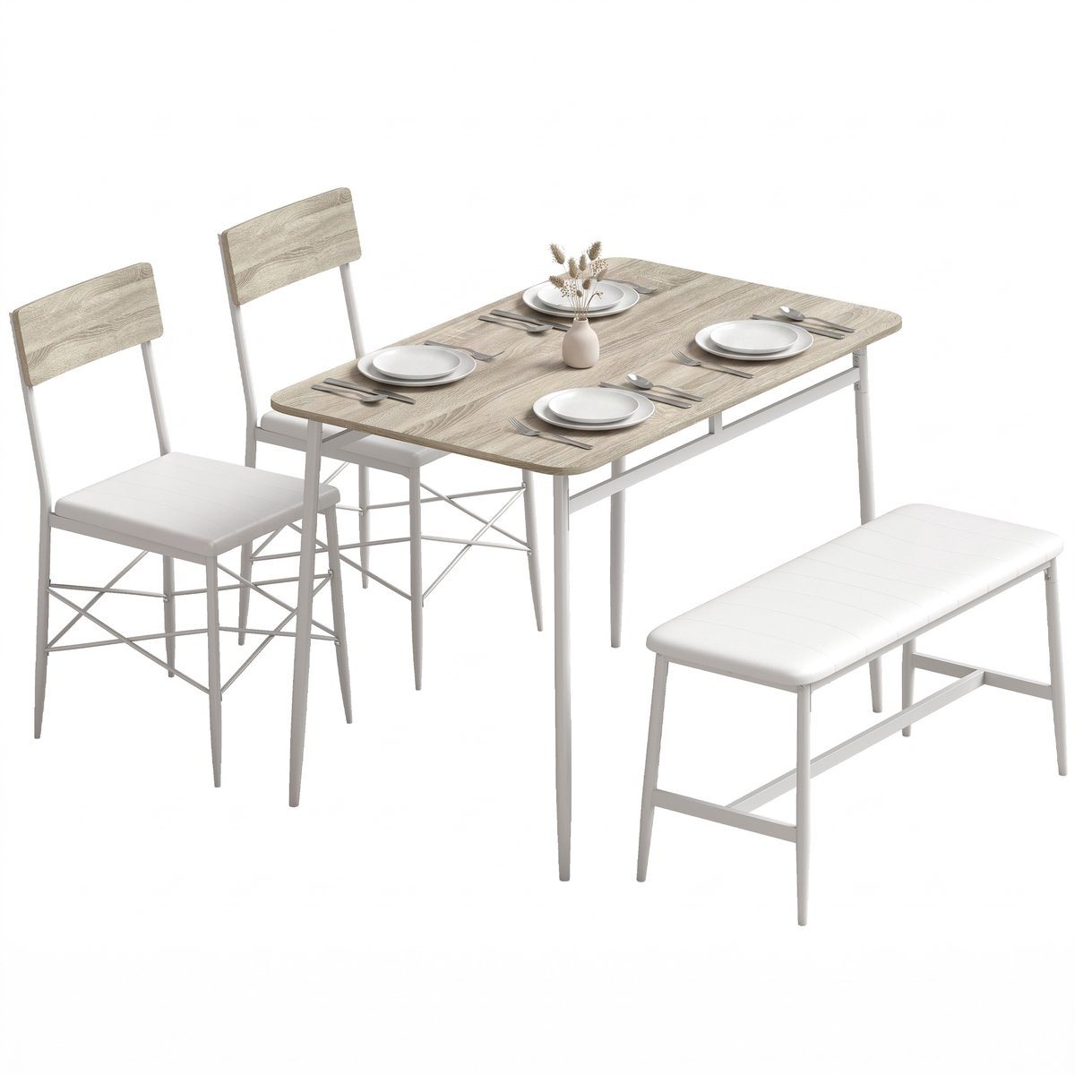 TEKROA Eethoekset met eettafel, 2 stoelen en een bank in eiken en wit met gestoffeerde zittingen
