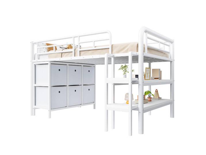 Modfu Hochbett aus Metall 90x200 cm in Weiß mit Stauraum, 90x200 cm, Babymöbel & Kindermöbel, Kinderzimmer & Jugendzimmer, Kinderbetten, Hochbetten