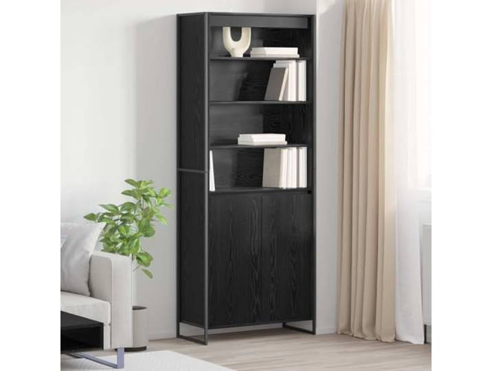 Eleganter hoher Schrank mit rechteckiger Form und Holzwerkstoff in Schwarz Eichen-Optik - Moderner hoher Schrank mit Holzwerkstoff und schlanker mit Stahlbeinen