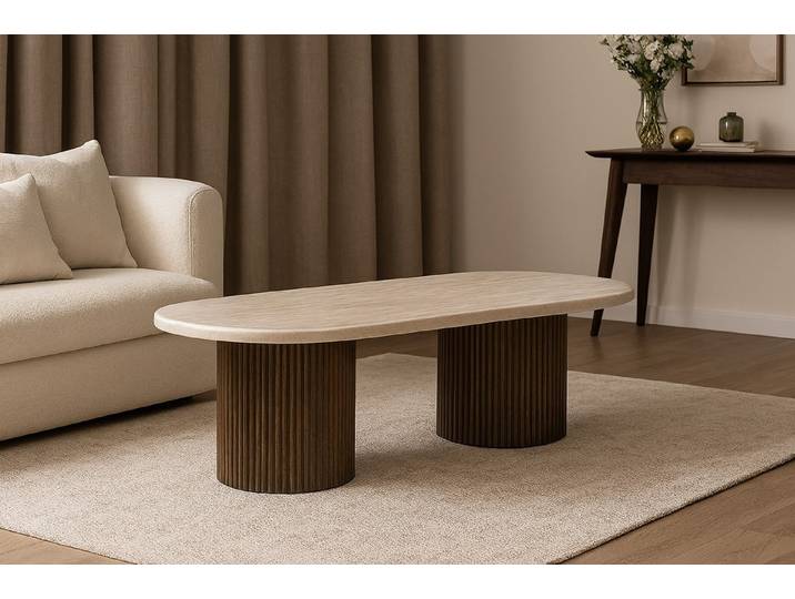 alesvelt Couchtisch ovale Trivento Travertin-Tischplatte Tischbeine im Säulenstil modern (1 Tisch), 130x70x45 cm, Travertin-Tischplatte