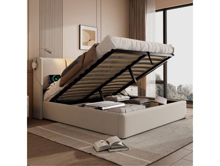 lit coffre hydraulique SEYAKANY-140x200 cm-espace de rangement - tête de lit -beige