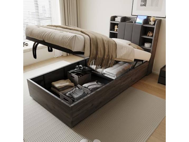 Ball & Cast Stauraumbett (90x200cm) mit Hydraulisch Stauraum, Doppelbett mit USB- und Tape-C-Steckdose, Einfach & Zeitsparend Montierbar, Grau