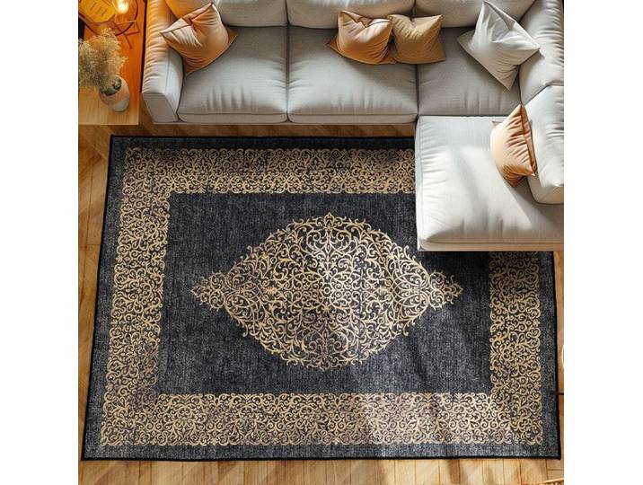 Tapis de Salon Vintage Orient Lavable Antidérapant Médaillon Noir 160 x 230 cm