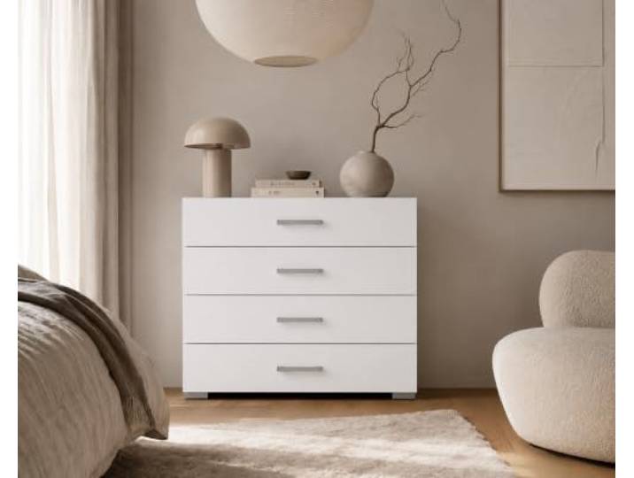 Elvora DESIGN. Kommode Weiß MODERA, Schrank 4 Schubladen Minimalistisch, Skandinavisch, Griffe in Metalloptik, Inbusschlüsselsatz, Wohnzimmer, Schlafzimmer, Stabile Konstruktion