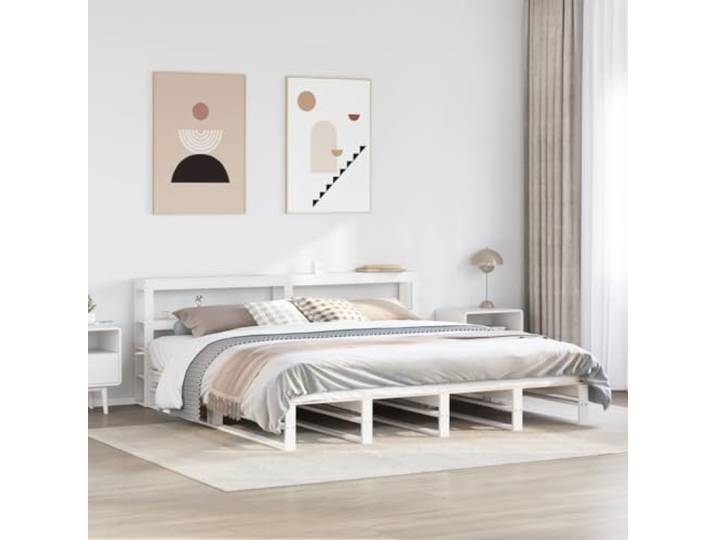 RJPLMFV Doppelbettgestell, 200 x 200 cm, massives Kiefernholz, Weiß Mit Kopfteil mit Regalen, Lattenrost inklusive, ohne Matratze