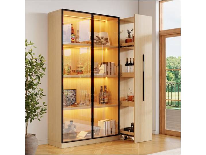 PENQUR Vitrine bibliothèque LED 110 5 x 35 x 160 cm rangement latéral coulissant chêne MDF