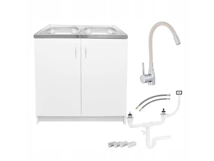 Stamar Möbel Spüle mit Unterschrank 80 cm Weiß Küchenspüle 2-Kammer & Edelstahl-Spülbecken kompakter Spülenunterschrank für Küche, Standschrank 49 cm Tiefe Siphon Montagefertig