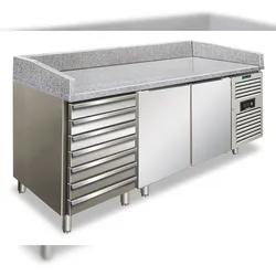 Edelstahl-Pizzatheke mit 2 Türen und 7 Schubladen. Granit-Arbeitsplatte. Temp. +2°/+8 °C. Automatische Abtauung. Maße 202,5x80x100 cm. PZF02C