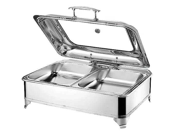 Chafing Dish Elektrisch, 9L Edelstahl Speisewärmer Buffetwärmer (GN1/2) Elektrisch Warmhaltebehälter Essen mit Sichtbarem Glasdeckel für Party Küchen Hotel, Einstellbare Temperatur (0-85℃)