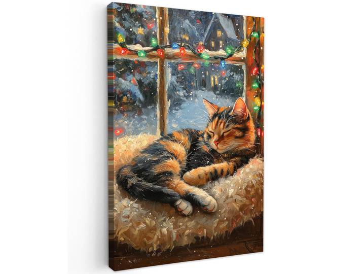 MuchoWow Leinwandbild - Katze - Weihnachten - Winter - Tier - 60x90 - Kunstdruck, Bernsteinfarben, Textil, Kiefer, Abstrakt, Rechteckig, 60x90 cm, gerahmt, Bilder & Rahmen, Bilder, Wandbilder