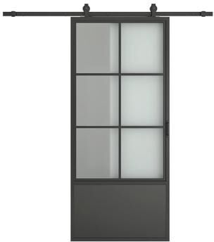 Klair Living 3/4 Lite Frosted Glass Black Steel Frame Sliding Barn Door with Hardware Kit and Door Handle