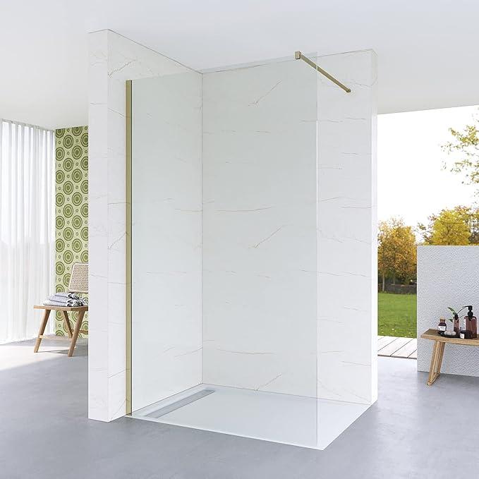 Duschkabine Gold 80x200 cm Duschwand Glas Duschabtrennung Walk-In Dusche Nano ESG Echtglas Klarglas 8 mm Duschtrennwand Trennwand Gebürstetes Gold Wandprofil Stabilisator 100 cm