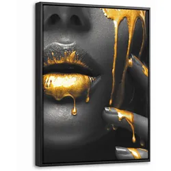 LEINWAND Bilder mit Rahmen - Frau - Schwarz - Gold - Gesicht - Lippen - 30x40