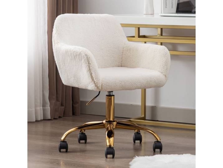 Chaise de bureau / coiffeuse sherpa blanche pivotante 360° réglable en hauteur à roulettes avec accoudoirs