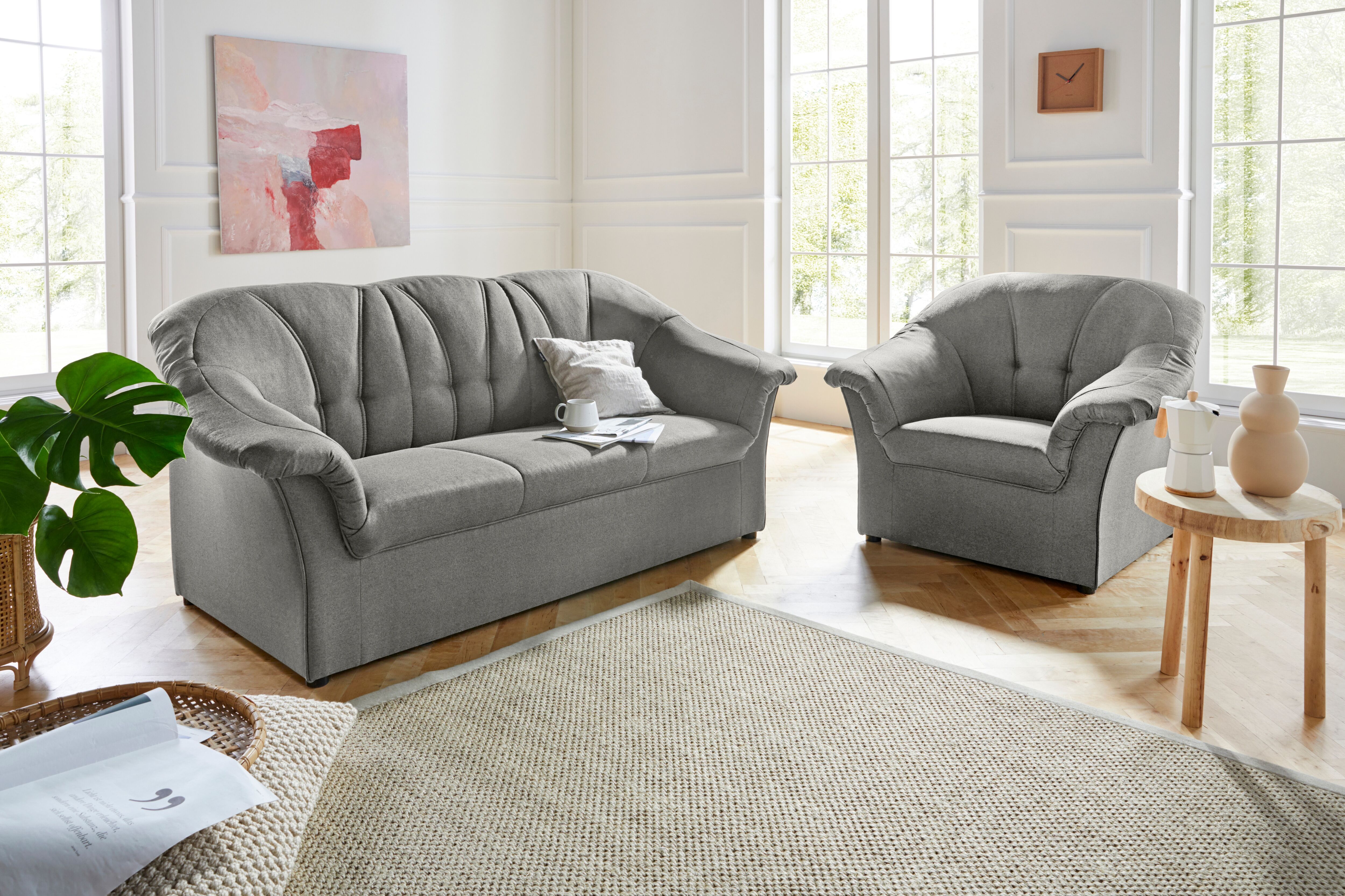 Polstergarnitur DOMO COLLECTION "Pegnitz zeitlos und elegant", grau, Struktur fein, 100% Polyester, Sitzmöbel-Sets, Polstergarnitur, Sessel und 3-Sitzer grau Struktur fein