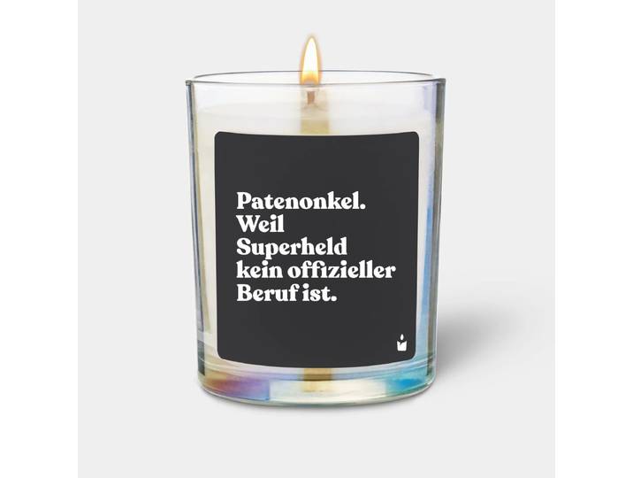 Duftkerze Rainbow Woody Patenonkel. Weil Superheld kein offizieller Beruf ist.
