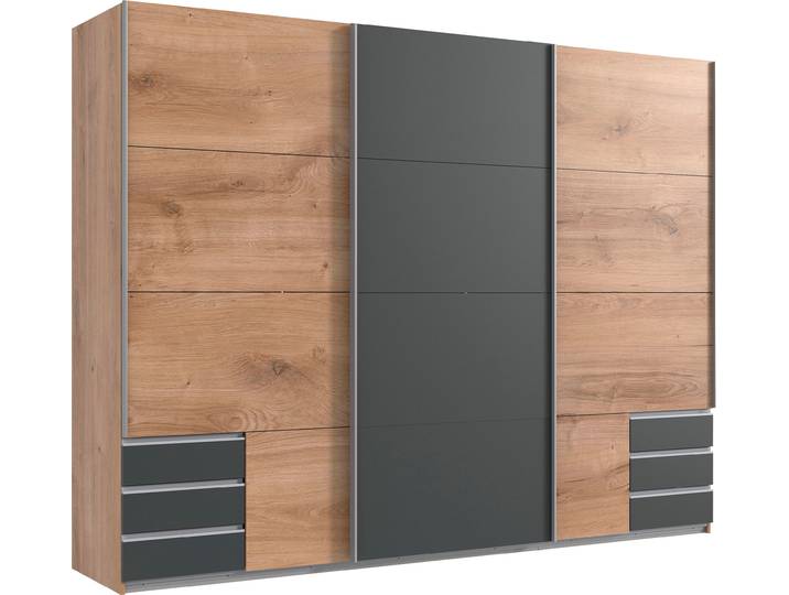 Schwebetürenschrank WIMEX Emden , grau (plankeneichefarben, graphitfarben), B:270cm H:210cm T:64cm, Holzwerkstoff, Schränke, Schwebetürenschrank, Mit Aussenschubkästen
