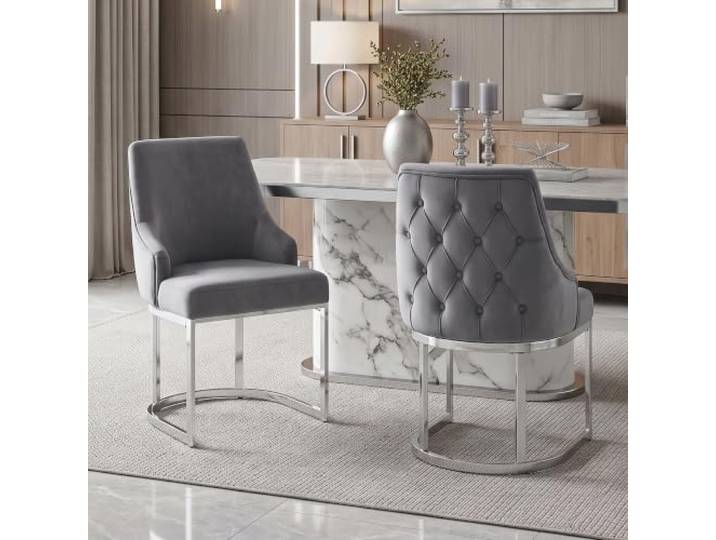 Merax 2er Set Esszimmerstühle mit Samtbezug, 3D-Rautensteppung, versilberten Beinen – Grau+Silber
