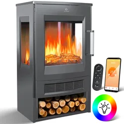 KESSER® Elektrokamin mit Heizung Panorama-Sichtfenster Heizlüfter 9 LED-Flammeneffekt Farbmodi Fernbedienung WiFi App 900/1800W  Kaminfeuer elektrisch Elektro Kamin mit Thermostat Heizfunktion Timer