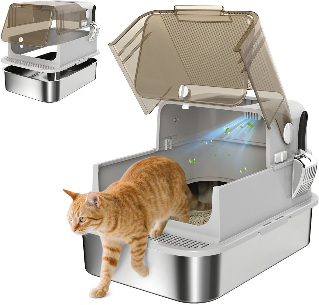 PawHut XXL Stainless Steel Litter Tray Enclosed Cat Litter Box with Cover Grey 46.5cm H X 50cm W X 70cm D