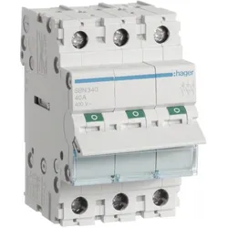 Hager SBN340. Nennstrom: 40 A. Typ: B-type, Module Menge (max): 3 Modul(e). Breite: 52,5 mm, Tiefe: 68 mm, Passive Bauelemente