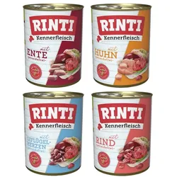 RINTI Kennerfleisch 24 x 400g Mixpaket (Huhn,Ente,Rind,Geflügelherzen)  Hundenassfutter