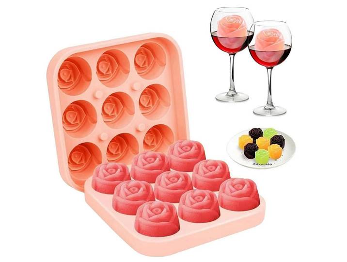 Eiswürfelform Silikon Rosen-Design mit Deckel Rosa, Kunststoff, 12.5x3.5x12.5 cm, Barzubehör & Weinzubehör, Barzubehör