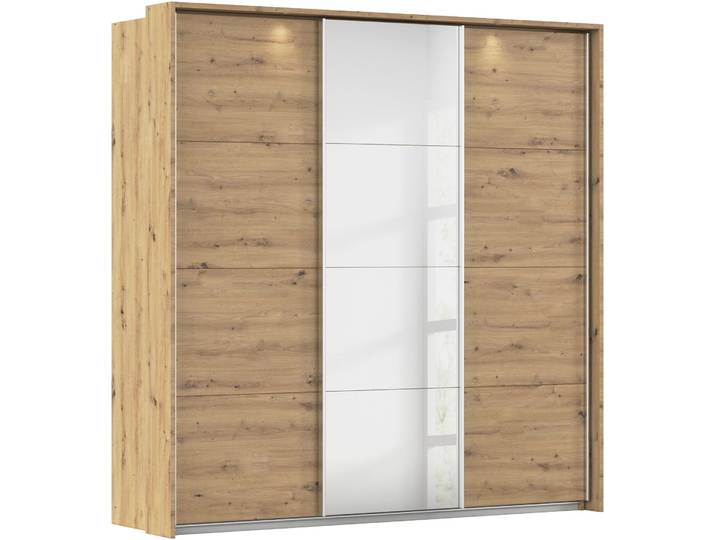 Schwebetürenschrank, Braun, 211x214x64 cm, Holzwerkstoff, Mit Beleuchtung, Klassisch, Rauch