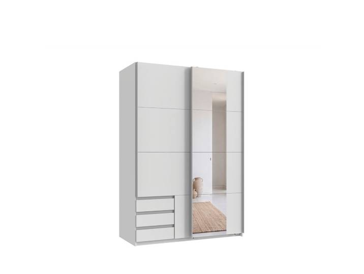 SCHWEBETÜRENSCHRANK 2-türig B135/H198/T65 cm, Kleiderschrank in Weiß mit sichtbaren Schubkästen & Spiegel / 22674