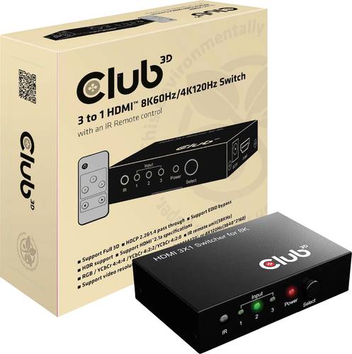 Club3D HDMI Switchbox 3 Port HDMI-Switch mit Fernbedienung 7680 x 4320 Pixel