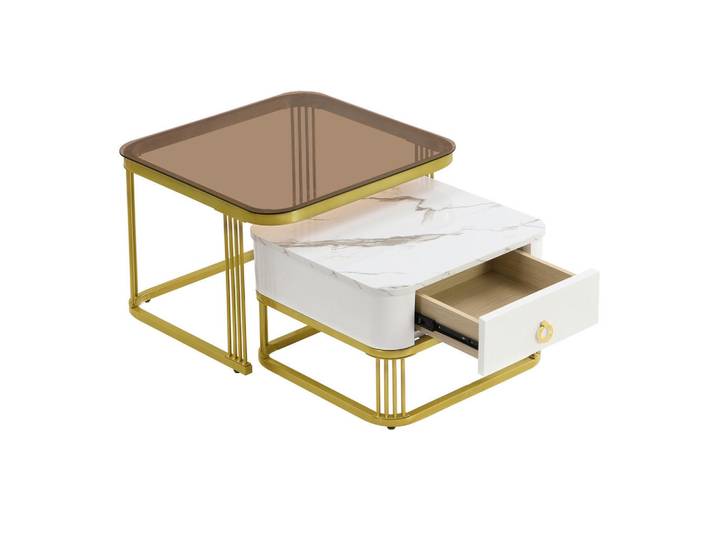 Modfu Couchtisch aus MDF 60x60x42,5 & 50x50x34 cm in Weiß mit Schublade, 60x42.5x60 cm, Wohnzimmer, Wohnzimmertische, Couchtische