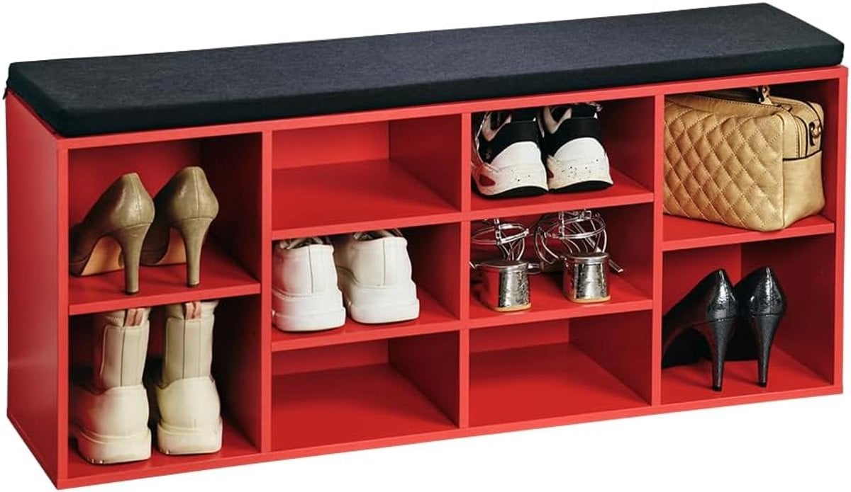 Schoenenkast met zitkussen in rood en zwart