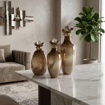 Sagebrook Home Quincy Glass Bottles with Metal Flower Topper (Set of 3)