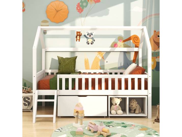 Luscriate - Lit enfant 90x200 cm lit en bois lit cabane avec tiroirs barrière et design maison pin - blanc