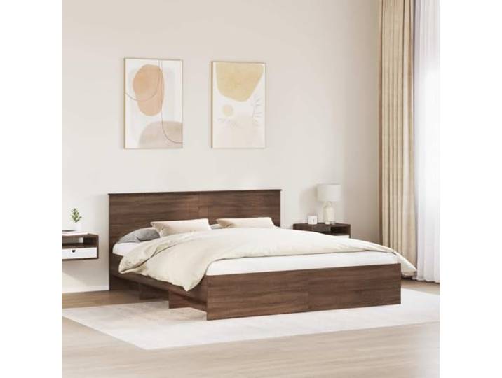 SKTQYQO Bettgestell Eiche Braun 200 x 200 cm Technisches Holz, Kopfteil inklusive, modernes Design, robustes Bettgestell