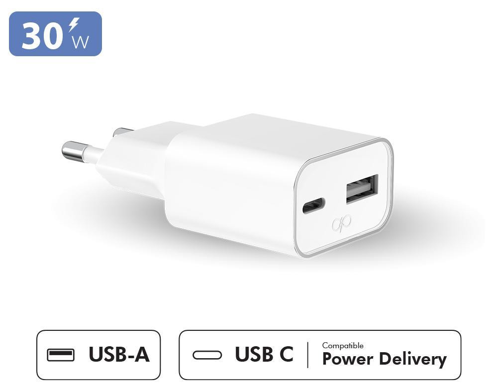 Force Power Lite Netvoeding met Power Delivery, GaN, USB-A/USB-C, 30W, Wit